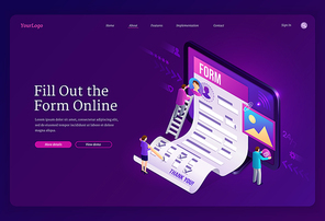 Online form fill out isometric landing page, online survey, tiny people at huge computer with quiz or exam paper sheet document on screen, questionnaire results or internet test 3d vector web banner