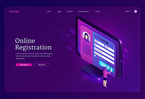 Online registration isometric landing page. Tiny woman push sign up button and enter password and login to internet account register form on huge pc. Secure network authentication 3d vector web banner