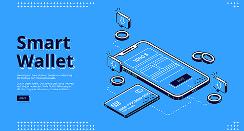 Smart wallet isometric landing page. Credit card connected to smartphone with payment app on screen, secure money online transaction, nfc technology 3d vector illustration, line art web banner