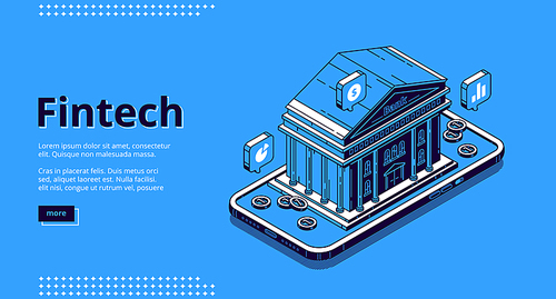 Fintech banner. Financial technologies, digital solutions for banking business. Vector landing page of software and mobile application for finance services with isometric illustration of bank building