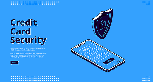 Credit card security isometric landing page. Shield at smartphone with payment app on screen. Secure money online transaction, nfc finance technology protection 3d vector line art web banner