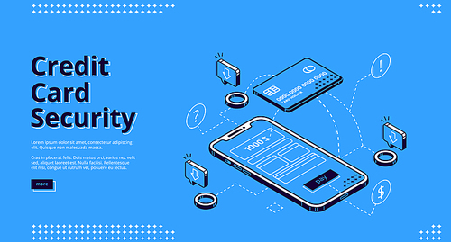 Credit card security isometric landing page. Bank card and smartphone with payment app on screen. Secure money online transaction, nfc finance technology protection 3d vector line art web banner