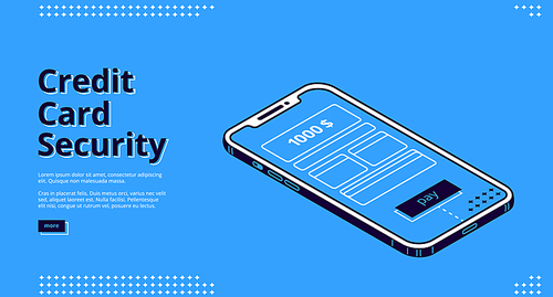 Credit card security isometric landing page. Smartphone with payment application interface on screen, secure money online transaction, nfc technology, finance app 3d vector illustration, web banner
