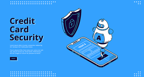 Credit card security isometric landing page. Robot and shield at smartphone with payment app on screen. Secure money online transaction, nfc finance technology protection 3d vector line art web banner