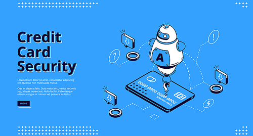 Credit card security banner. Protection mobile payment concept. Vector landing page of safety electronic finance with isometric icon of virtual banking card on smartphone screen and assistant chatbot