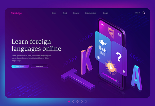 Online foreign language learning isometric landing page. Mobile phone with multilingual application or internet service for education. Smartphone app for studying, 3d vector ultraviolet web banner