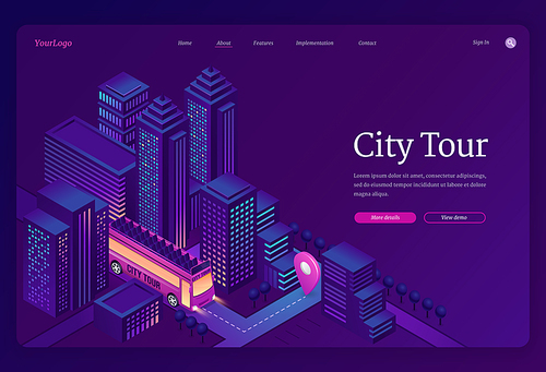 City tour banner. Travel and sightseeing by double decker bus in town. Vector landing page of group tourism and trip with isometric illustration of excursion bus on city street