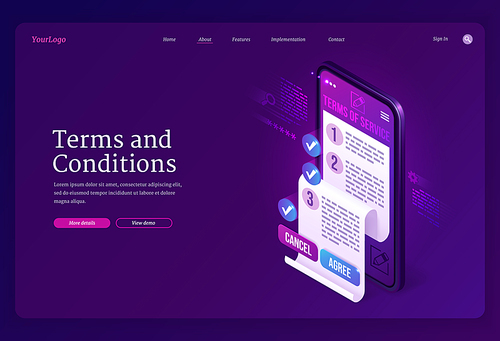 Terms and conditions isometric landing page. Business contract signing concept with document on smartphone screen, cancel and agree buttons. User agreement, legal notice service, 3d Vector web banner