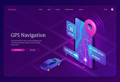 GPS navigation banner. Online digital service for vehicle with location search on mobile phone. Vector landing page of route app with isometric illustration of car and smartphone with map