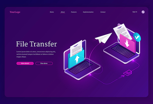 File transfer banner. Exchange data and documents between computers, digital archive and database. Vector landing page with isometric laptops with folders and files