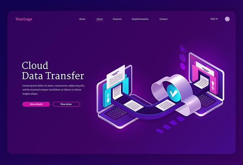 Cloud data transfer banner. Online technologies for exchange files and documents between computers, digital archive and database. Vector landing page with isometric laptops with folders and files