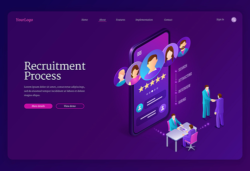 Recruitment process isometric landing page. Hiring agency, human resource online service, tiny people at huge smartphone research and interviewing applicant for vacant work place, 3d vector web banner
