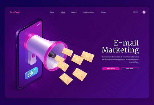 Email marketing banner. Concept of promotion and advertising strategy with communication by electronic mail. Vector landing page with isometric smartphone, loudspeaker and flying messages