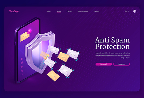 Anti spam protection banner. Concept of email security, protect mail box from junk messages. Vector landing page with isometric illustration of smartphone with shield and letter envelopes