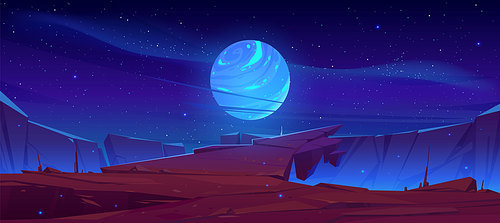 Alien planet surface, futuristic landscape background with glowing moon or satellite above rock cliff in dark starry sky. Fantasy mountains, book or computer game scene, Cartoon vector illustration