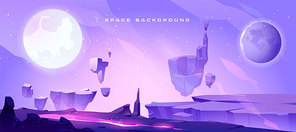 Space background with landscape of alien planet with craters and lighted crack. Vector cartoon fantasy illustration of purple galaxy sky with moon and ground surface with rocks