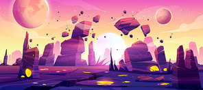 Alien planet landscape for space game background. Vector cartoon fantasy illustration of cosmos and planet surface with rocks, cracks, glowing spots and mist for gui game design