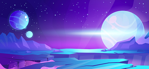 Cosmic background, alien planet deserted landscape with mountains, rocks, deep cleft and stars shine in space. Extraterrestrial computer game backdrop, parallax effect cartoon vector illustration