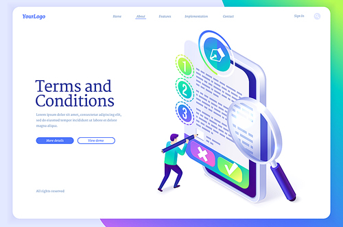 Terms and conditions banner. Business documents for law compliance, agreements and contracts. Vector landing page of rules and terms of service with isometric man and online document