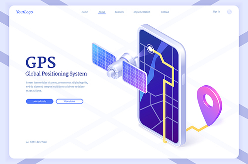 GPS isometric landing page, global positioning system, navigation app on smartphone screen with map route. Application for satellite radionavigation or tracking on mobile device, 3d vector web banner
