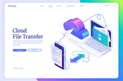Cloud file transfer isometric landing page, hosting media server, service for private information upload and download. Gadgets connected in network system, digital data migration, 3d vector banner