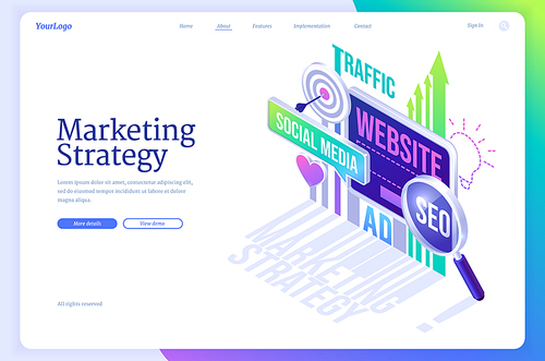 Marketing strategy isometric landing page. Business concept with digital device screen, finance analysis graphs, magnifying glass, seo, social media ad and traffic data charts, 3d vector web banner