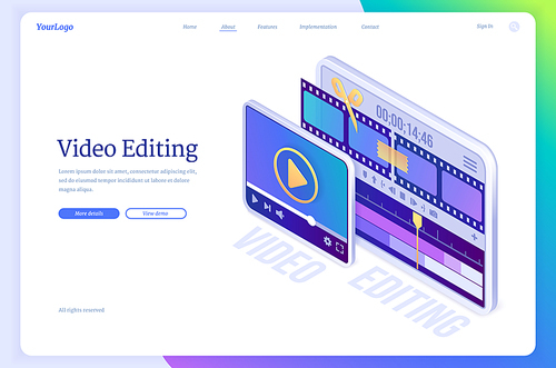 Video editing banner. Software for montage movie, application for edit media content and film production. Vector landing page with isometric illustration of digital tablet with video maker app