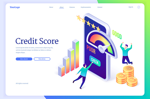 Credit score banner. Mobile application with rating scale from poor to good rate. Vector landing page with cartoon illustration with people, loan meter on smartphone screen, graph and money