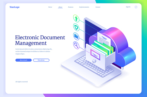 Electronic document management isometric landing page. Online paperwork storage, digital system of paper organization, manage business docs with cloud, drawer on computer screen 3d vector web banner