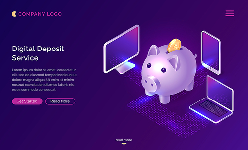 Digital deposit money service isometric concept vector illustration. Online banking, financial app. Big piggy bank with falling golden coin, mobile phone, laptop and computer icon isolated on purple