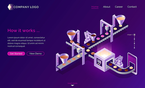 Server cookies technology, isometric concept vector illustration. Conveyor belt with cookies and user device, mobile phone, tablet. Modern web spy technology using browser