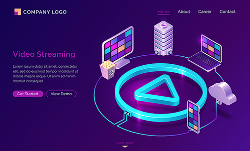 Video streaming isometric landing page, digital gadgets connected via cloud storage system around of play button on neon glowing background. Internet movie service 3d vector illustration, web banner