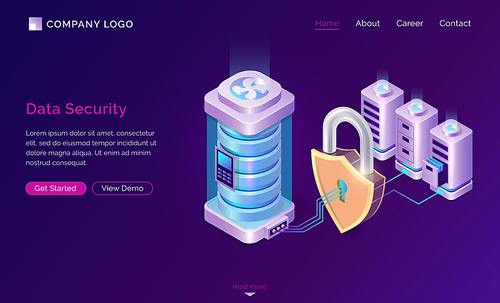 Cyber data security isometric landing page. Server room protected with shield padlock from outer access, computing internet digital technology, database protection. 3d vector illustration, web banner