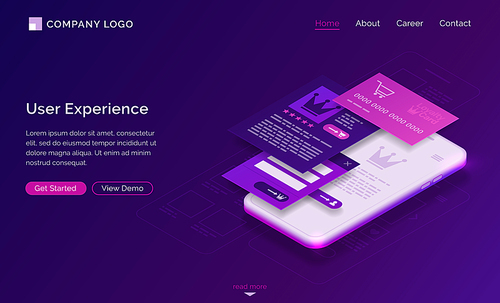 User experience, ui ux isometric landing page, mobile phone with layout of shopping application and client royalty card. Mobile app interface development, gadget software design, 3d vector web banner