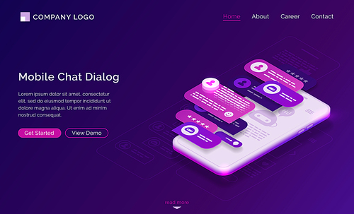 Mobile chat dialog application interface. UI UX design of messenger app. Vector landing page with isometric illustration of smartphone screen with speech bubbles in dialog with chatbot