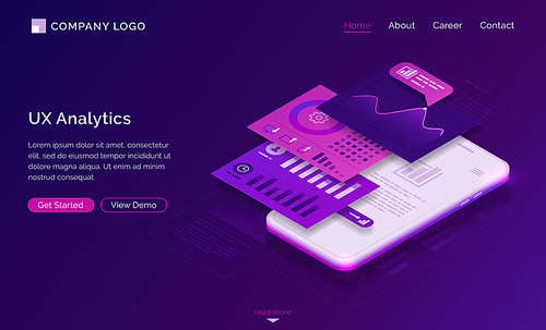 Ui ux analytics isometric landing page, mobile phone dashboard graphs and data analysis layout charts. Mobile app user experience interface development, gadget software design, 3d vector web banner