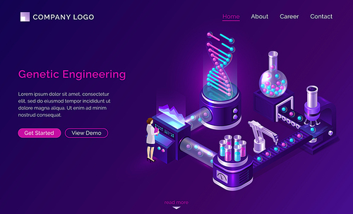 Genetic engineering isometric landing page, woman scientist in white robe with folder stand near conveyor belt with flask, microscope and robotics arms set up huge dna projection, 3d vector web banner