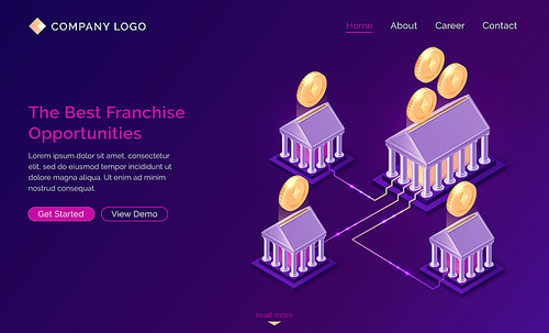 Franchise opportunities isometric landing page. Franchising business branch expansion, marketing system etherium cryptocurrency mining, Small enterprise with corporate headquarter 3d vector web banner