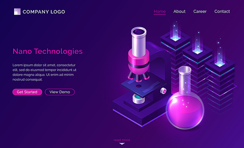 Nano technologies isometric landing page, electronic microscope, glass lab flask with pink liquid and neon glow processors in chemical laboratory, biotechnology science, research. 3d vector web banner