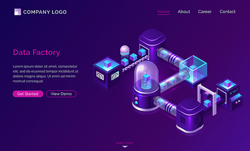 Data processing factory, isometric technology concept vector. Server with glass dome and virtual object, conveyor belt with transporting data, ultraviolet landing web page with blue neon icons