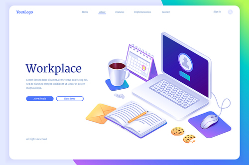 Workspace isometric landing page, work from home, domestic office concept. Freelancer table with laptop, calendar, open notepad, coffee with cookies and stationery on desk, 3d vector web banner