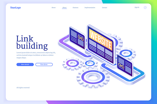 Link building isometric landing page. Search engine optimization, SEO effective method. Hyperlink connection between online websites. Successful strategy for home page development 3d vector web banner