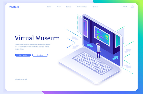 Virtual museum isometric landing page. Online exhibition digital tour to art gallery, tiny character at huge laptop with masterpiece on screen. Home leisure internet technology 3d Vector web banner