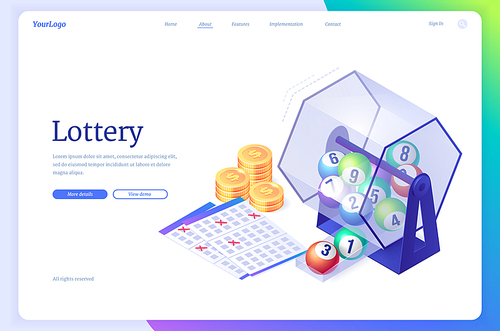 Lottery isometric landing page. Wheel drum machine with lotto balls inside, tickets with crossed lucky numbers and gold coins. Instant win, internet leisure, bingo gambling game, 3d vector web banner