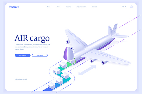 Air cargo isometric landing page. Airplane transport logistics, global delivery company service, freight import export by plane, aircraft goods world transportation business, 3d vector web banner