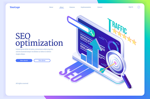SEO search engine optimization isometric landing page. Technology for internet marketing and digital business content. Computer device desktop with traffic and analysis charts, 3d vector web banner