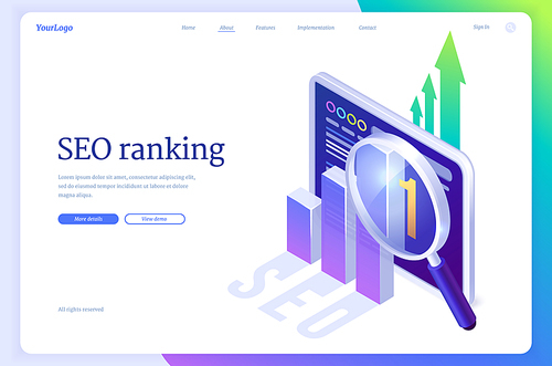 SEO ranking isometric landing page. Search engine optimization technology, internet marketing and digital business content. Computer device desktop with analysis chart and glass, 3d vector web banner