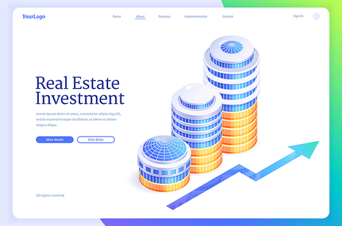 Real estate investment isometric landing page. Financial strategy of invest in residential property, apartments purchasing, digital concept with growing skyscraper buildings, 3d Vector web banner