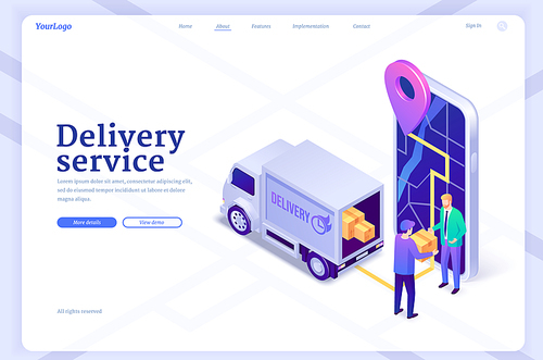Delivery service isometric landing page. Courier give parcel to client near huge smartphone with map on screen and truck nearby. Internet shopping, order shipping, retail business 3d vector web banner