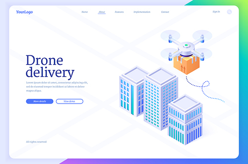 Drone delivery banner. Logistic innovation, automated aerial shipping. Vector landing page of fast post service with isometric illustration of unmanned quadcopter with parcel in package box